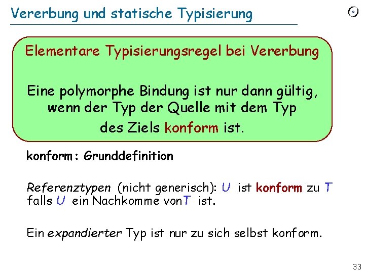 Vererbung und statische Typisierung Elementare Typisierungsregel bei Vererbung Eine polymorphe Bindung ist nur dann