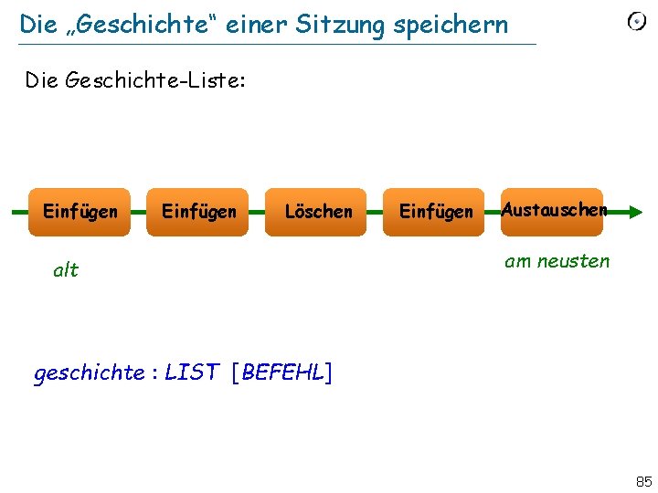 Die „Geschichte“ einer Sitzung speichern Die Geschichte-Liste: Einfügen Löschen alt Einfügen Austauschen am neusten