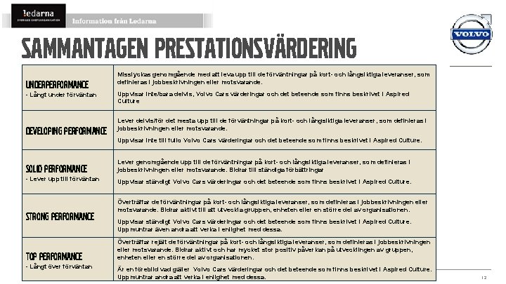 Sammantagen prestationsvärdering Underperformance - Långt under förväntan Developing Performance Misslyckas genomgående med att leva