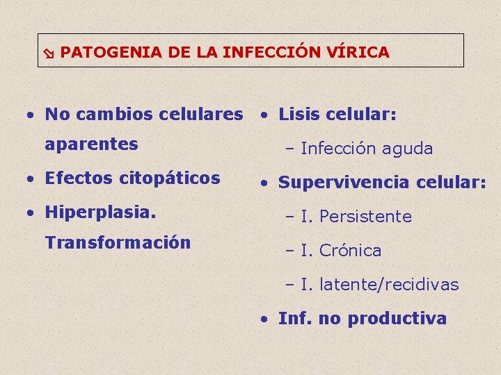  PATOGENIA DE LA INFECCIÓN VÍRICA • No cambios celulares • Lisis celular: aparentes