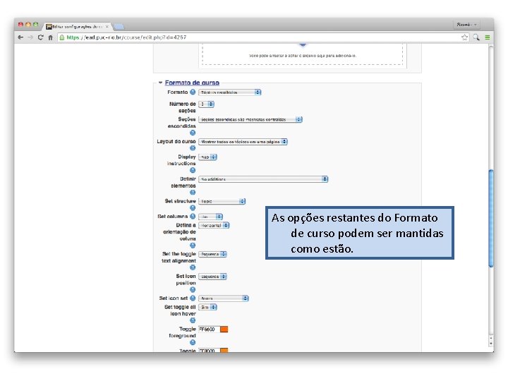 As opções restantes do Formato de curso podem ser mantidas como estão. 