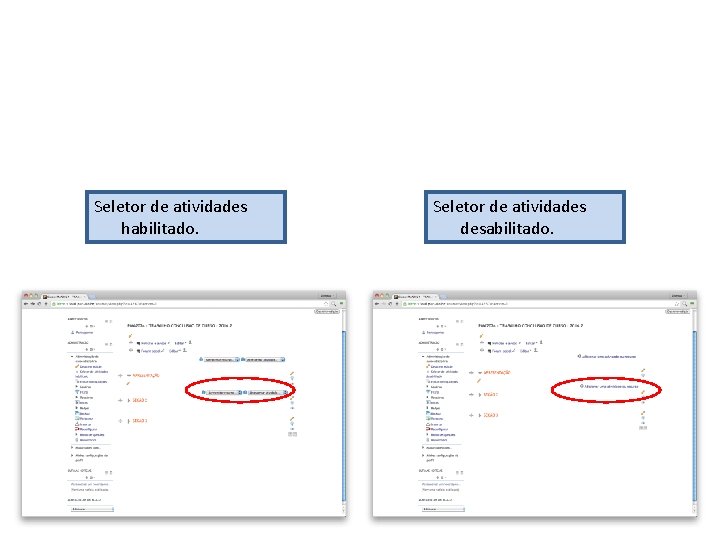 Seletor de atividades habilitado. Seletor de atividades desabilitado. 