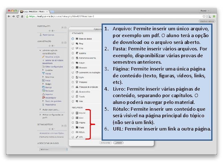 1. Arquivo: Permite inserir um único arquivo, por exemplo um pdf. O aluno terá