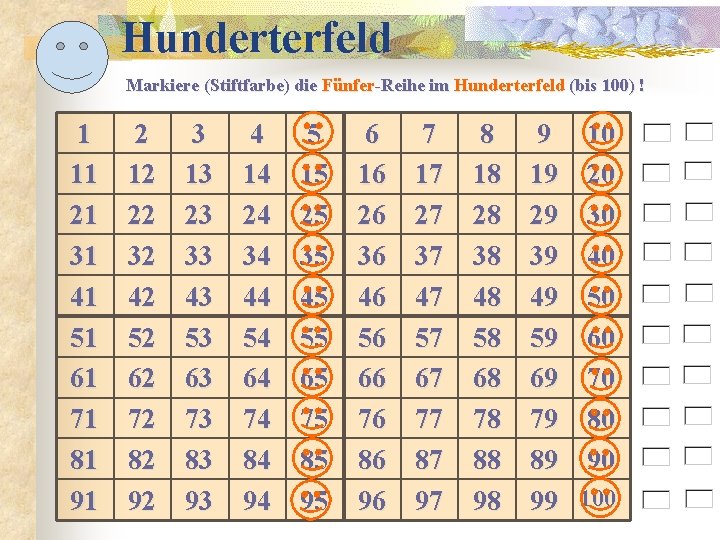 Hunderterfeld Markiere (Stiftfarbe) die Fünfer-Reihe im Hunderterfeld (bis 100) ! 1 11 21 31