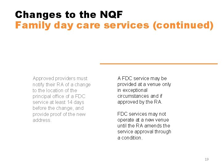 Changes to the NQF Family day care services (continued) Approved providers must notify their