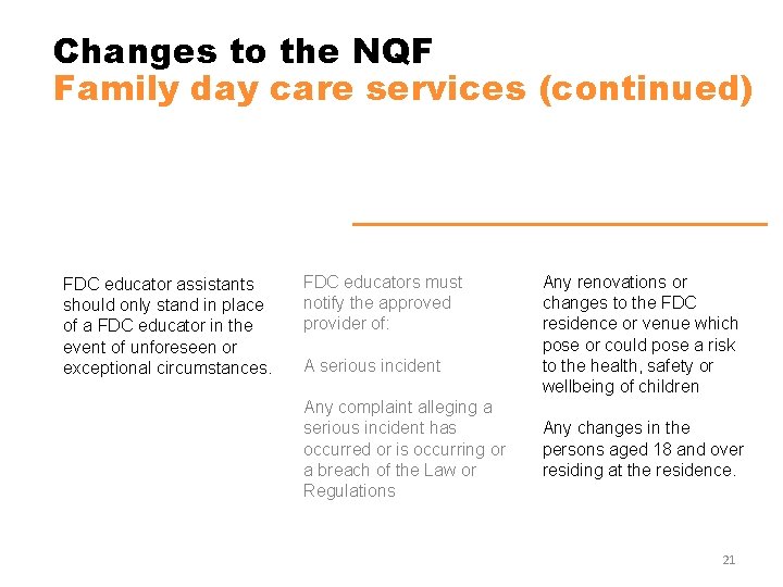 Changes to the NQF Family day care services (continued) FDC educator assistants should only