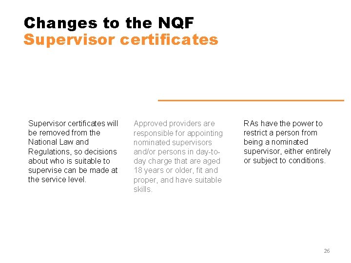 Changes to the NQF Supervisor certificates will be removed from the National Law and