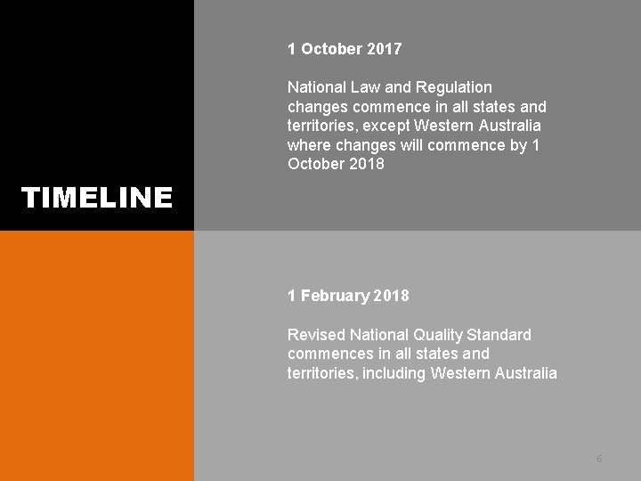 1 October 2017 National Law and Regulation changes commence in all states and territories,