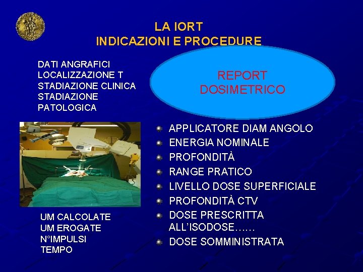 LA IORT INDICAZIONI E PROCEDURE DATI ANGRAFICI LOCALIZZAZIONE T STADIAZIONE CLINICA STADIAZIONE PATOLOGICA UM