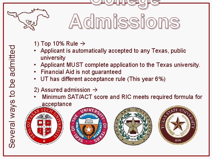 Several ways to be admitted College Admissions 1) Top 10% Rule • Applicant is