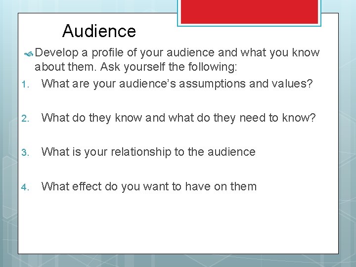 Audience Develop 1. a profile of your audience and what you know about them.