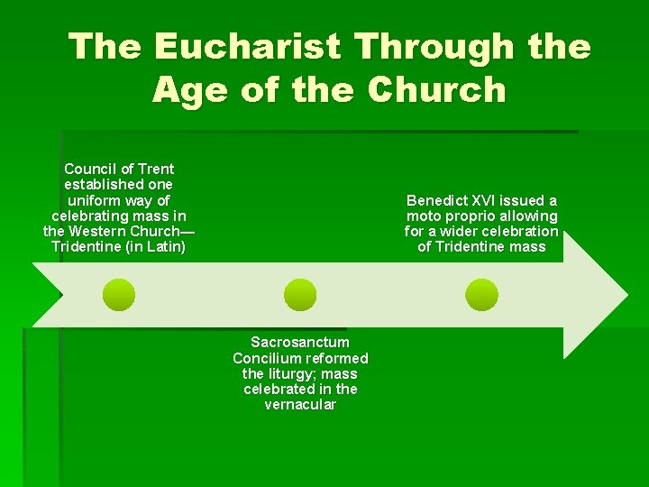 The Eucharist Through the Age of the Church Council of Trent established one uniform