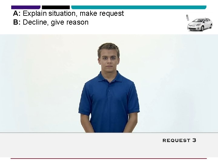A: Explain situation, make request B: Decline, give reason 