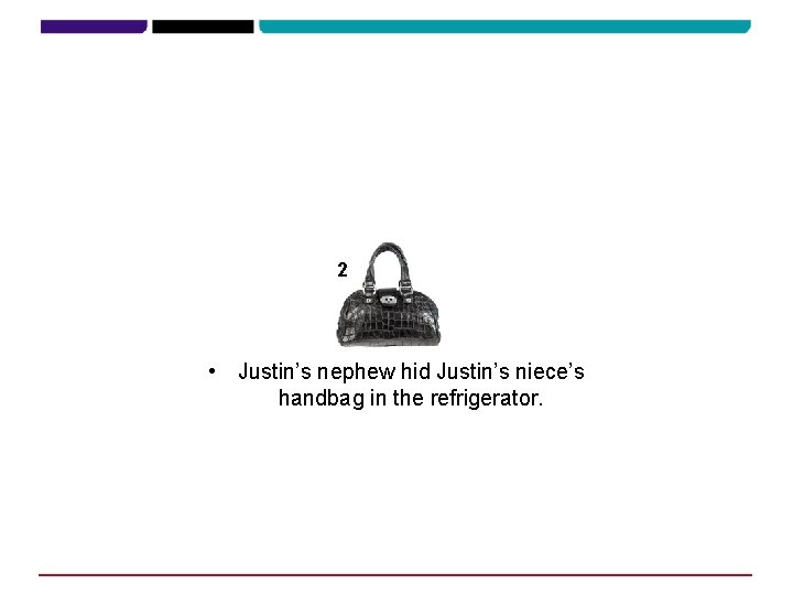 2 • Justin’s nephew hid Justin’s niece’s handbag in the refrigerator. 