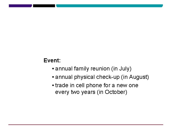 Event: • annual family reunion (in July) • annual physical check-up (in August) •