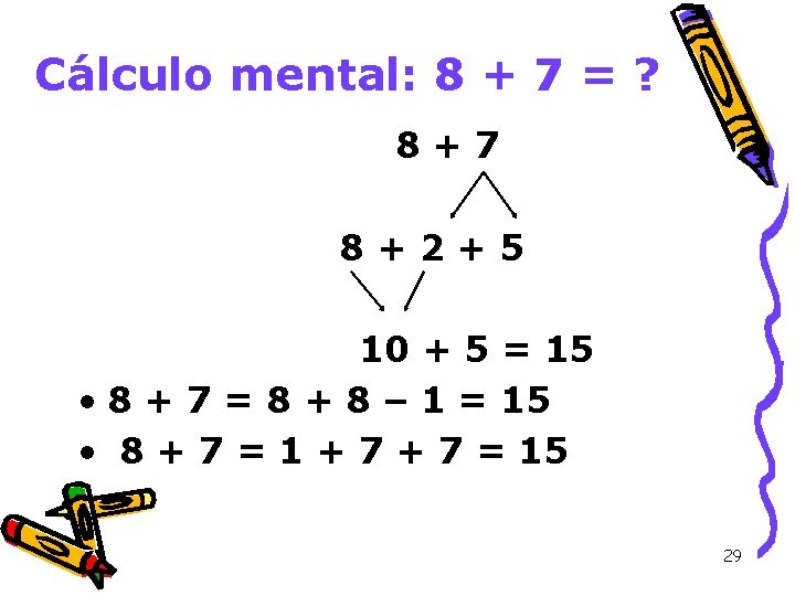 Cálculo mental: 8 + 7 = ? 8+7 8+2+5 10 + 5 = 15
