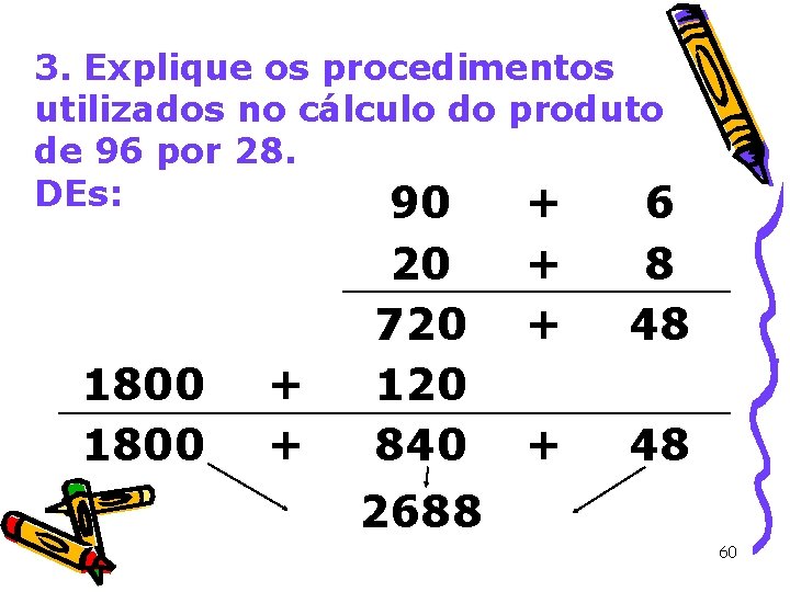 3. Explique os procedimentos utilizados no cálculo do produto de 96 por 28. DEs: