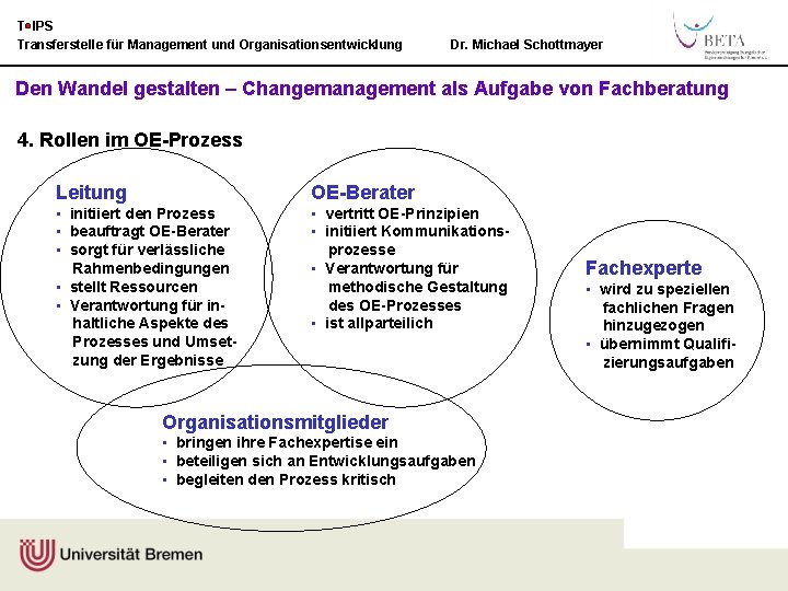 T IPS Transferstelle für Management und Organisationsentwicklung Dr. Michael Schottmayer Den Wandel gestalten –