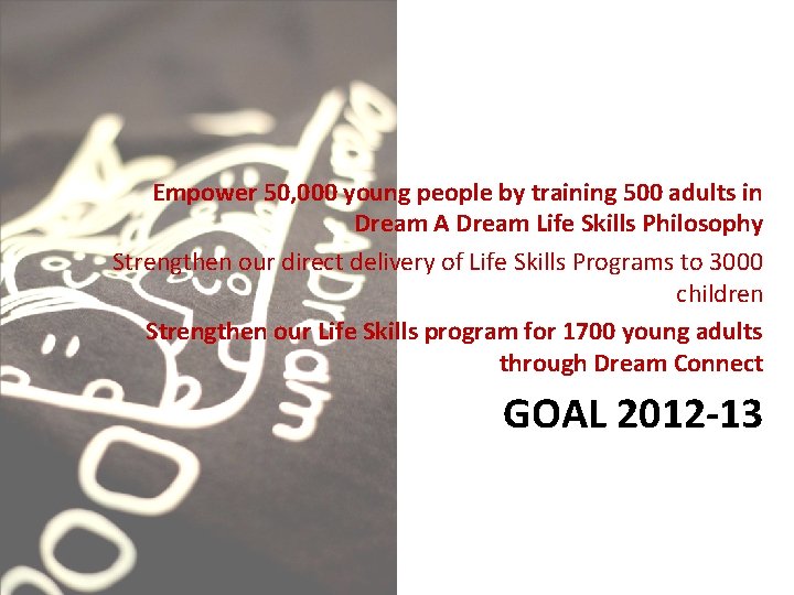 Empower 50, 000 young people by training 500 adults in Dream A Dream Life