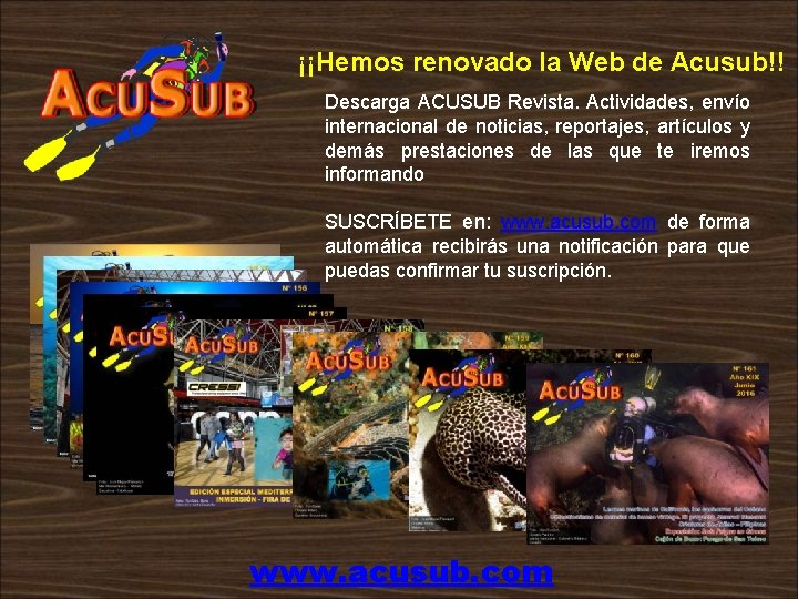 ¡¡Hemos renovado la Web de Acusub!! Descarga ACUSUB Revista. Actividades, envío internacional de noticias,