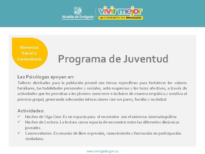 Bienestar Social y Comunitario Programa de Juventud Las Psicólogas apoyan en: Talleres diseñados para
