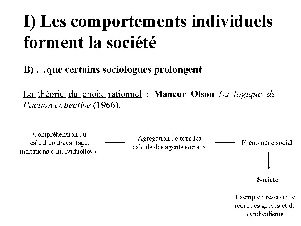 I) Les comportements individuels forment la société B) …que certains sociologues prolongent La théorie