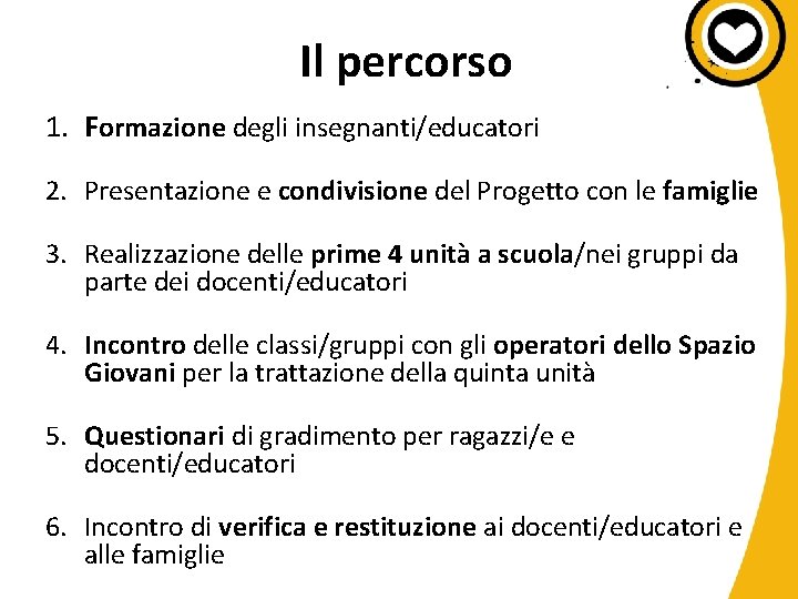 Il percorso 1. Formazione degli insegnanti/educatori 2. Presentazione e condivisione del Progetto con le