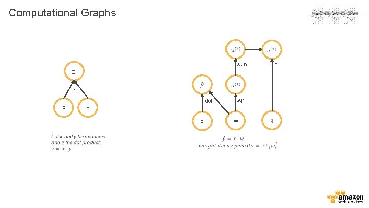 Computational Graphs sum x z x sqr dot x y w x 