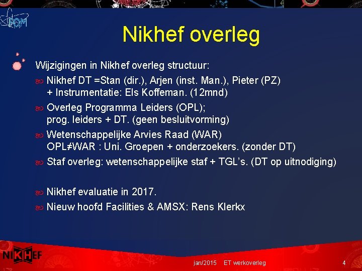 Nikhef overleg Wijzigingen in Nikhef overleg structuur: Nikhef DT =Stan (dir. ), Arjen (inst. Nikhef overleg Wijzigingen in Nikhef overleg structuur: Nikhef DT =Stan (dir. ), Arjen (inst.