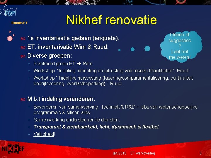 Ruimte ET Nikhef renovatie Ideeen of suggesties ? Laat het me weten! 1 e