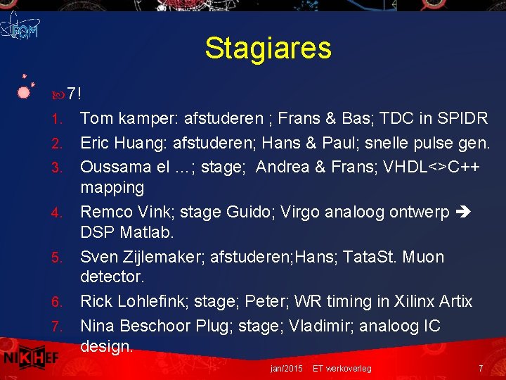 Stagiares 7! 1. 2. 3. 4. 5. 6. 7. Tom kamper: afstuderen ; Frans Stagiares 7! 1. 2. 3. 4. 5. 6. 7. Tom kamper: afstuderen ; Frans