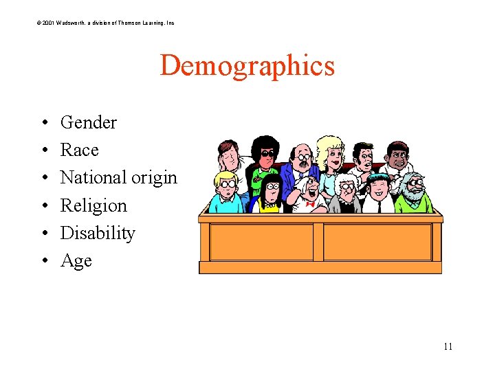 © 2001 Wadsworth, a division of Thomson Learning, Inc Demographics • • • Gender