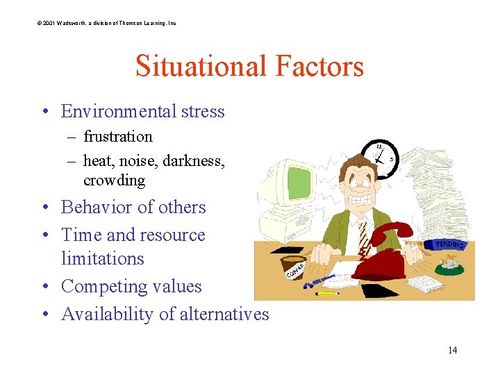 © 2001 Wadsworth, a division of Thomson Learning, Inc Situational Factors • Environmental stress