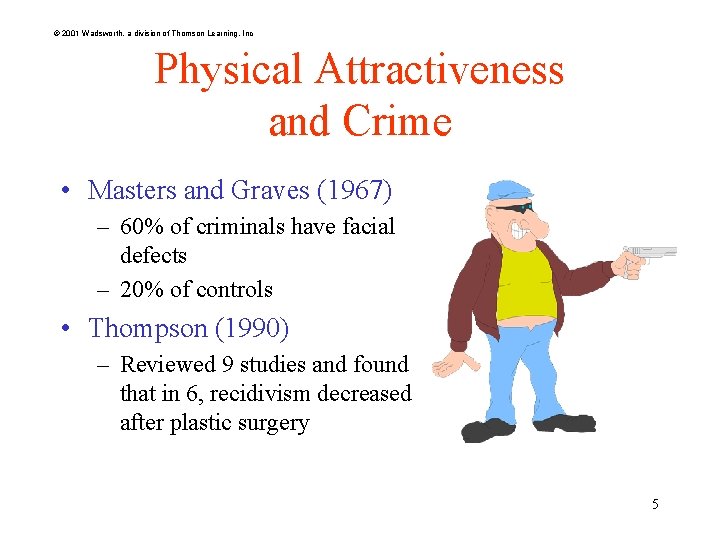 © 2001 Wadsworth, a division of Thomson Learning, Inc Physical Attractiveness and Crime •