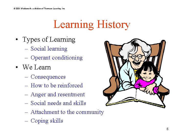 © 2001 Wadsworth, a division of Thomson Learning, Inc Learning History • Types of