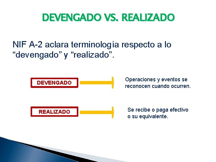 DEVENGADO VS. REALIZADO NIF A-2 aclara terminología respecto a lo “devengado” y “realizado”. DEVENGADO