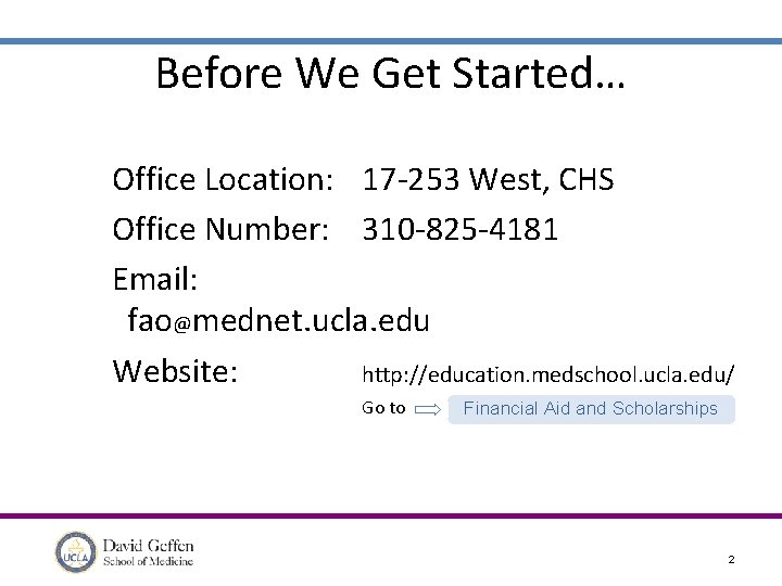 Before We Get Started… Office Location: 17 -253 West, CHS Office Number: 310 -825