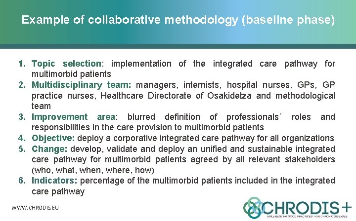 Example of collaborative methodology (baseline phase) 1. Topic selection: implementation of the integrated care