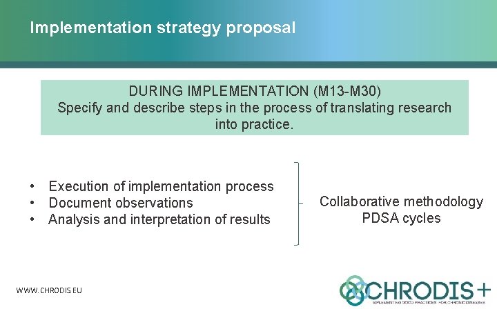 Implementation strategy proposal DURING IMPLEMENTATION (M 13 -M 30) Specify and describe steps in