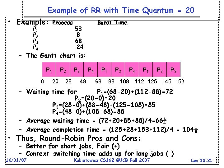 Example of RR with Time Quantum = 20 • Example: P 1 P 2