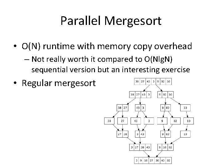 Parallel Mergesort • O(N) runtime with memory copy overhead – Not really worth it