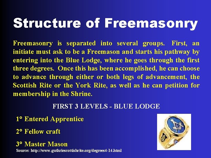 Structure of Freemasonry is separated into several groups. First, an initiate must ask to