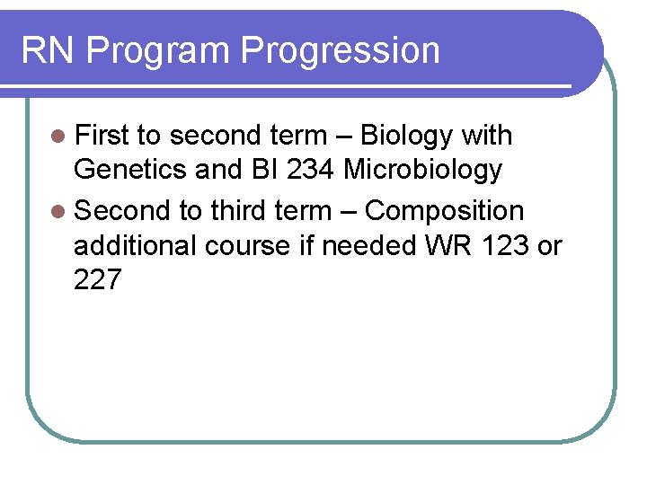 RN Program Progression l First to second term – Biology with Genetics and BI