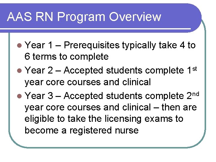 AAS RN Program Overview l Year 1 – Prerequisites typically take 4 to 6