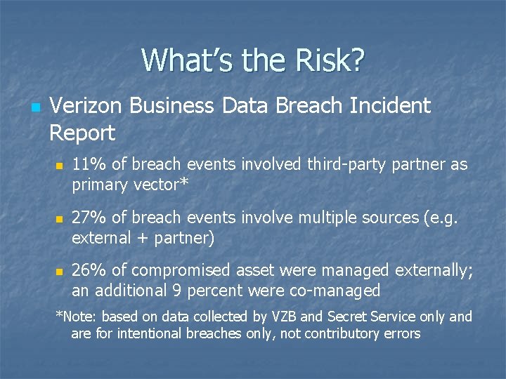 What’s the Risk? n Verizon Business Data Breach Incident Report n n n 11%