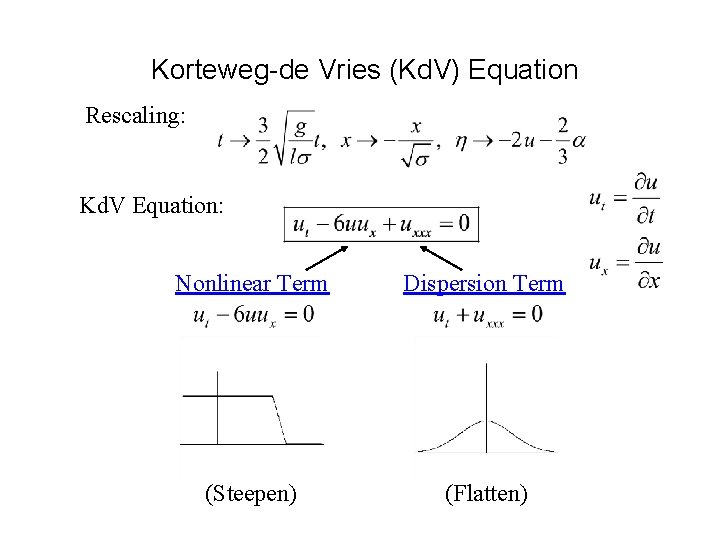 Korteweg-de Vries (Kd. V) Equation Rescaling: Kd. V Equation: Nonlinear Term Dispersion Term (Steepen)