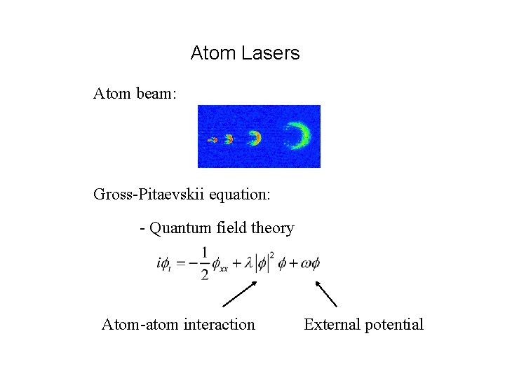 Atom Lasers Atom beam: Gross-Pitaevskii equation: - Quantum field theory Atom-atom interaction External potential