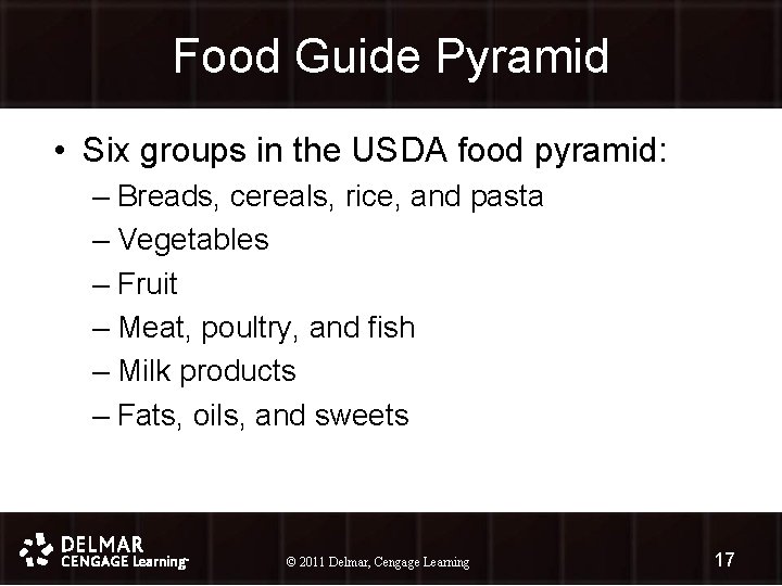 Food Guide Pyramid • Six groups in the USDA food pyramid: – Breads, cereals,