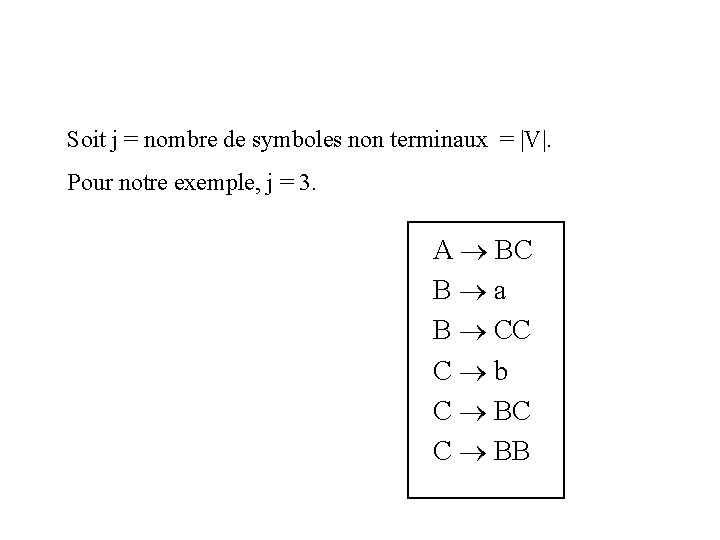 Soit j = nombre de symboles non terminaux = |V|. Pour notre exemple, j