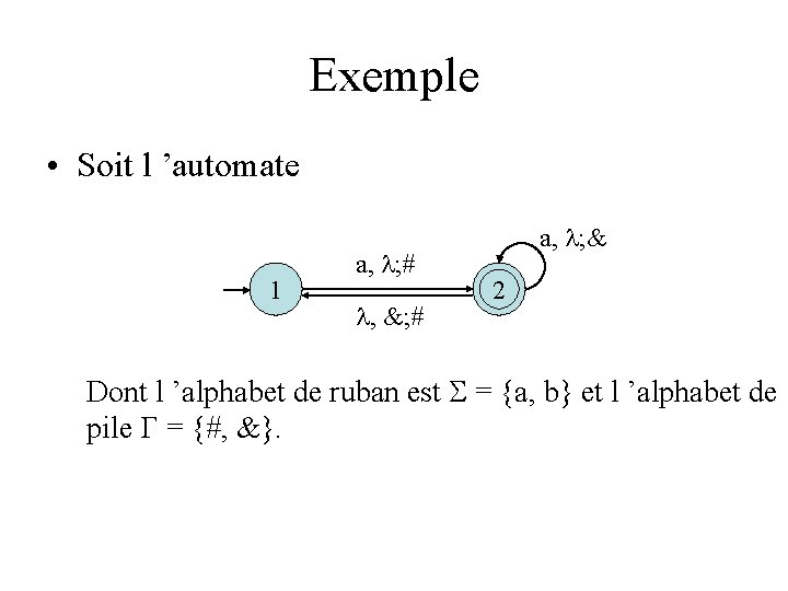 Exemple • Soit l ’automate 1 a, ; # , &; # a, ; Exemple • Soit l ’automate 1 a, ; # , &; # a, ;